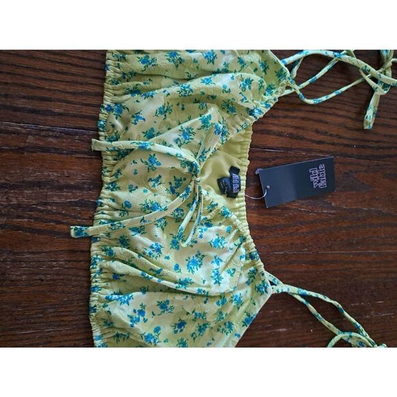 New Large Wild Fable Green Blue Floral Tie VNeck Crop Top Bikini Top NWT - Picture 2 of 4